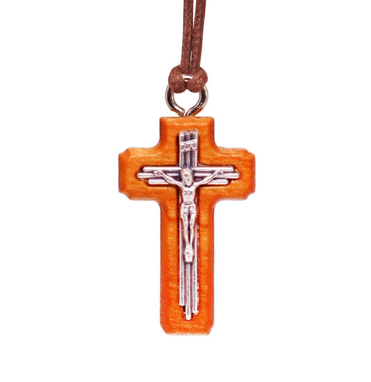 Nazareth Fair Trade Olive Wood Framed Contemporary Tri-Line Metal Crucifix Pendant - Handcrafted Modern Christian Necklace from Nazareth