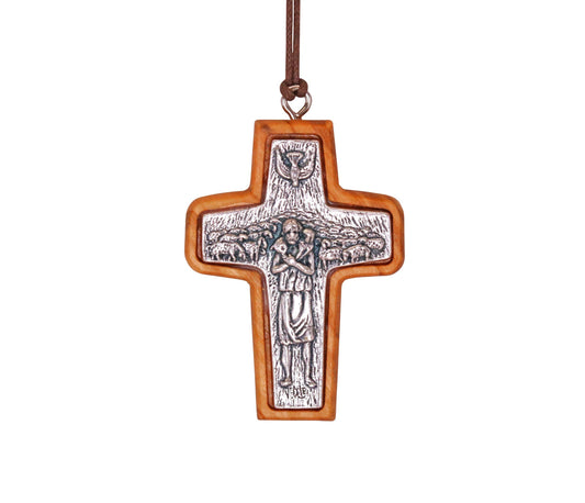 Nazareth Fair Trade Handmade "Shepherd's Embrace" Pope Francis Olive Wood Framed Metal Cross Pendant