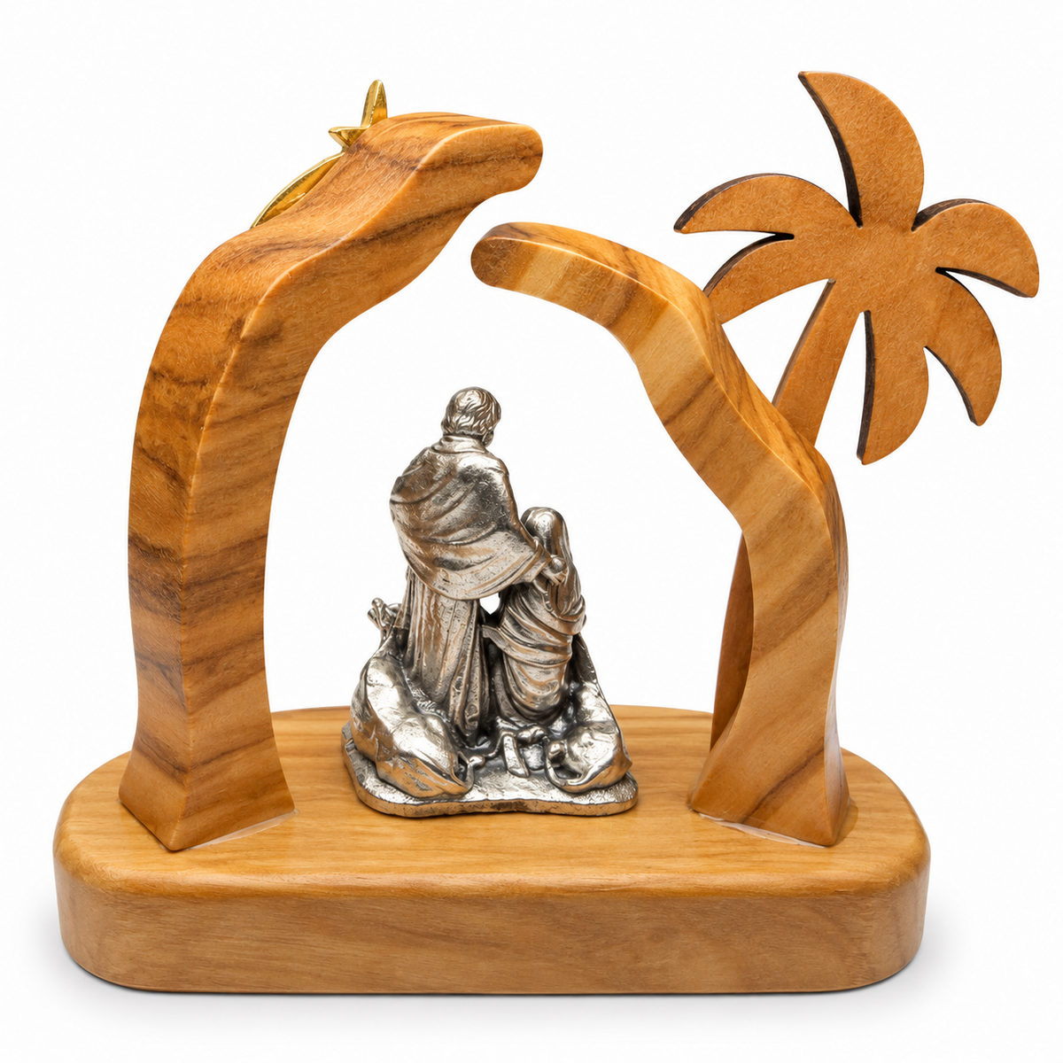Back view of the small olive wood nativity scene showing the curved wooden frame and natural grain