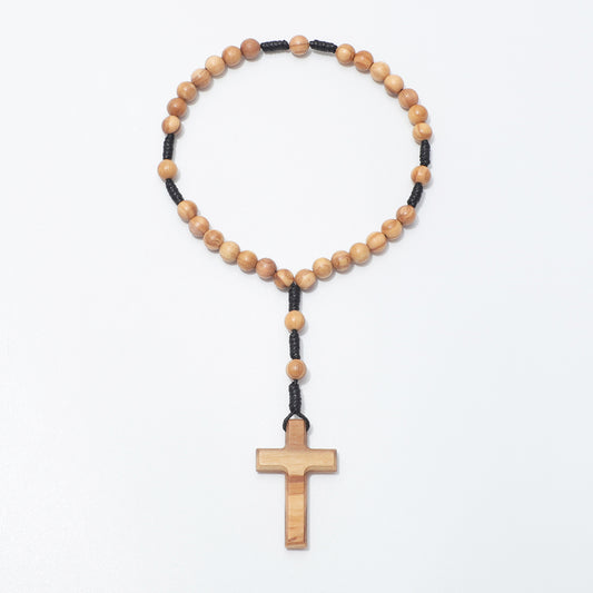 Full view of olive wood 33-bead prayer beads with 6mm beads and cross on black cord