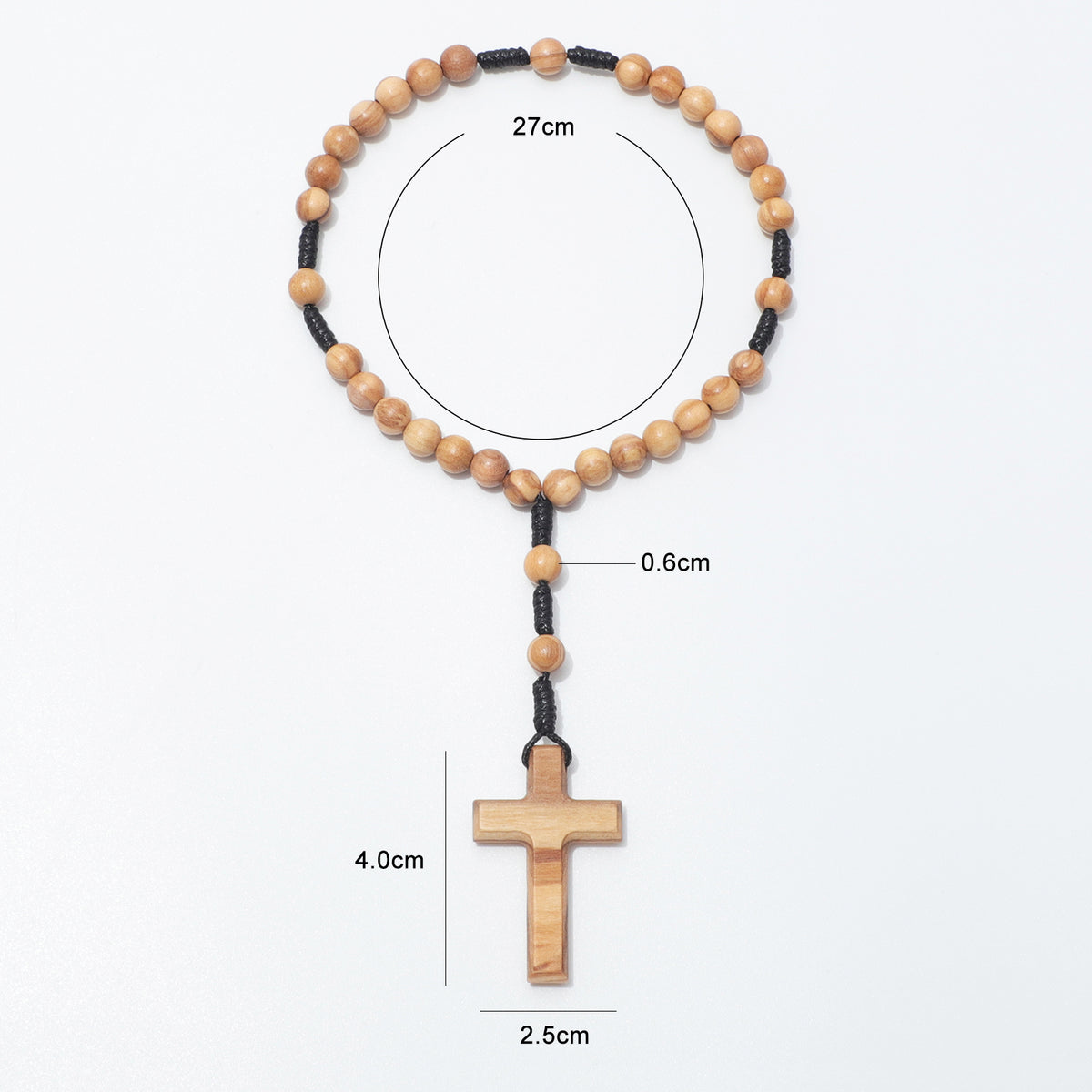 Cross prayer beads with measurement labels for a 27cm loop, 6mm beads and a 4 by 2.5cm cross
