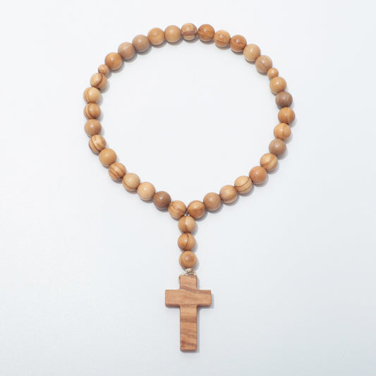 Full view of olive wood Jesus Prayer Beads with 33 main beads and a plain wooden cross