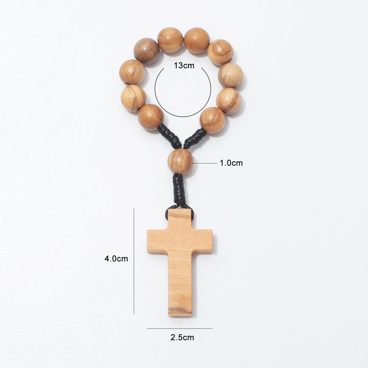 Cross rosary with labels showing a 13cm loop, 1.0cm beads and a 4.0 by 2.5cm cross