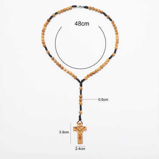 Dimensions of olive wood rosary necklace with engraved 6 mm beads and carved crucifix.