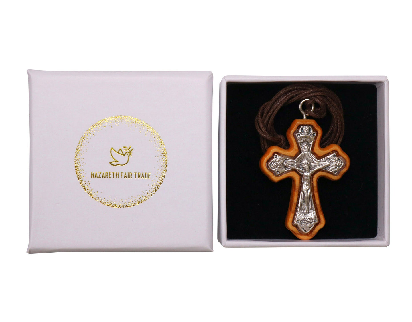 Anglican Olive Wood Framed Crucifix Necklace In Gift Box