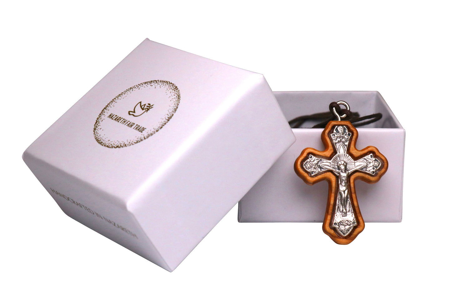 Anglican Olive Wood Framed Crucifix Necklace Outside Gift Box