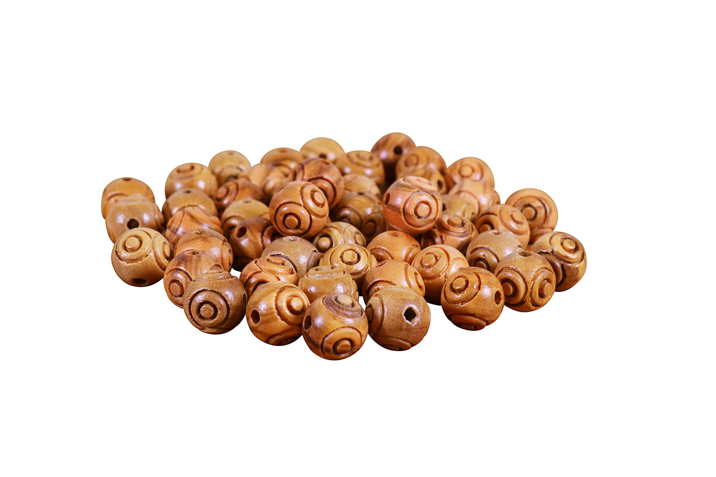 Engraved Round Olive Wood Beads Close Up
