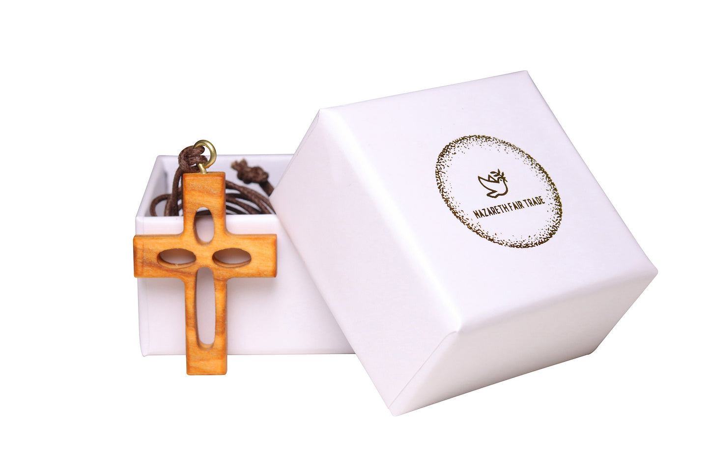 Hollow Olive Wood Crucifix Necklace Outside Gift Box