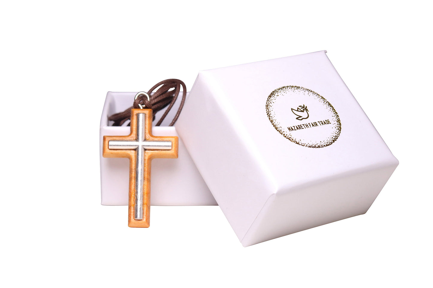 Metal cross olive wood necklace outside gift box