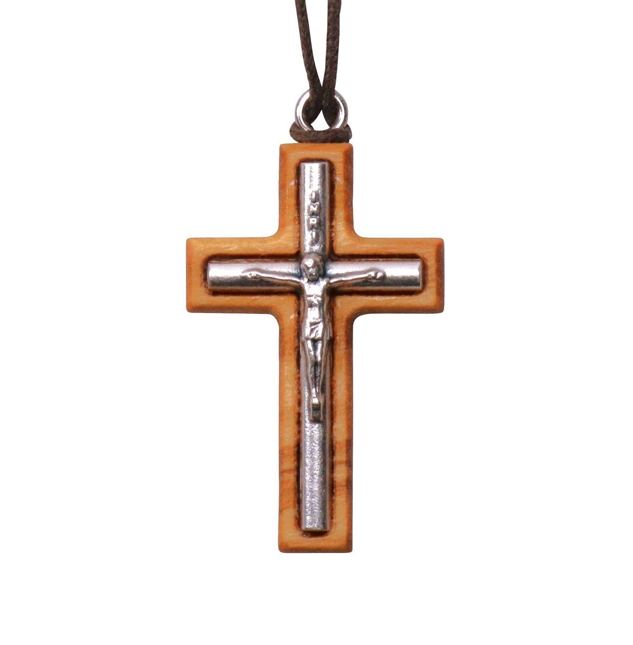 Minimalist Olive Wood & Inlaid Metal Crucifix Necklace Close Up