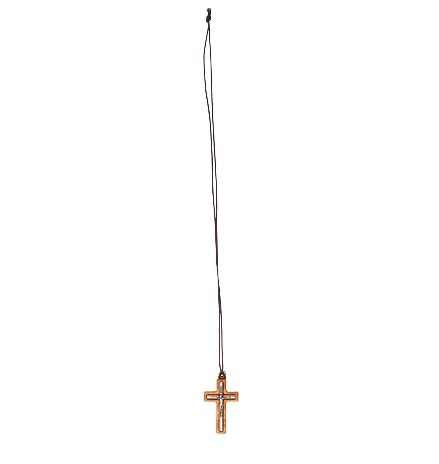 Minimalist Olive Wood & Inlaid Metal Crucifix Necklace Full Length