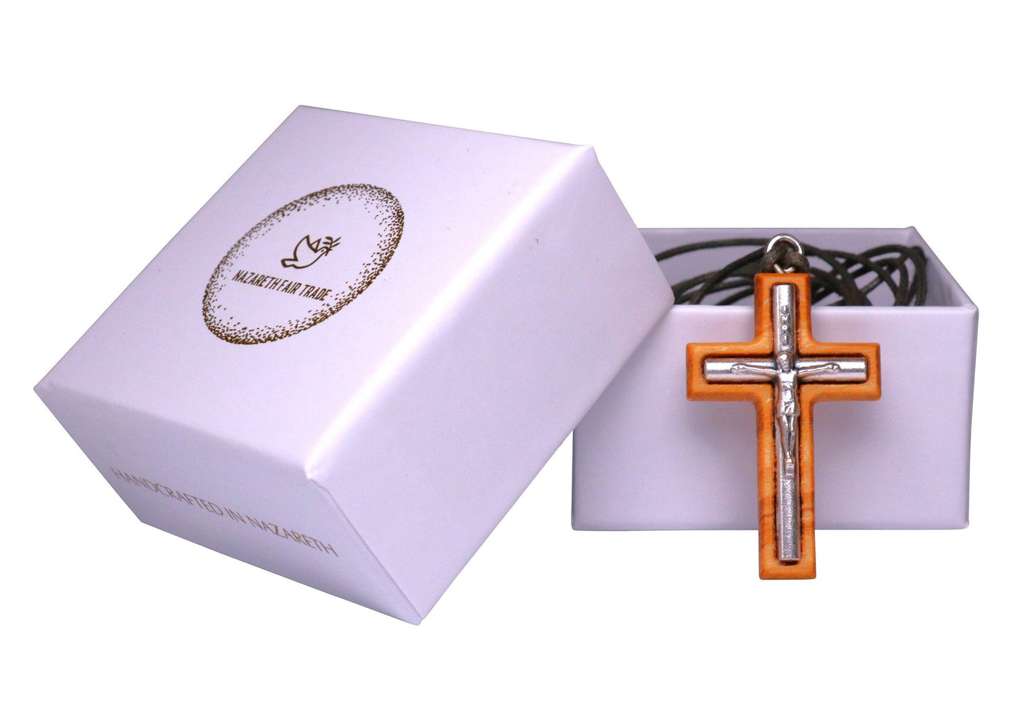 Minimalist Olive Wood & Inlaid Metal Crucifix Necklace Outside Gift Box
