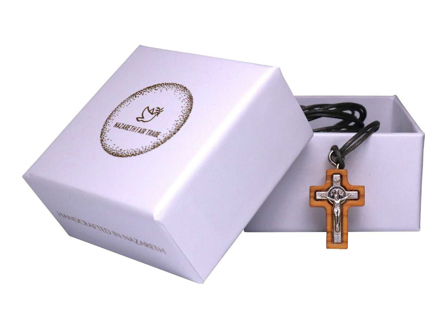 Modest Olive Wood & Silver Toned Metal Crucifix Necklace Outside Gift Box