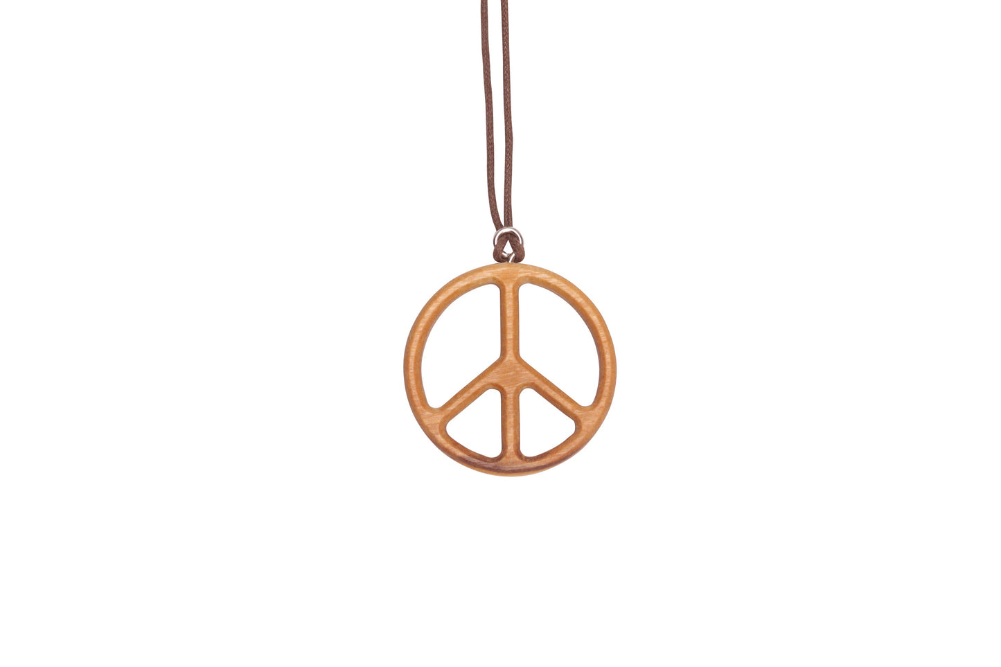 Olive Wood Peace Sign Pendant Necklace Close Up