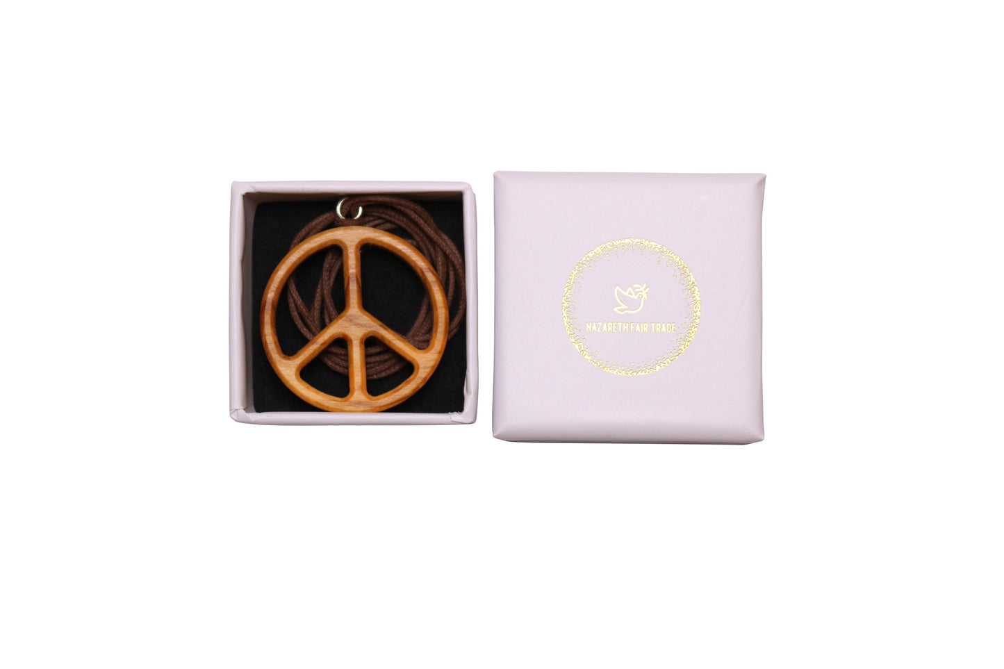 Olive Wood Peace Sign Pendant Necklace In Gift Box