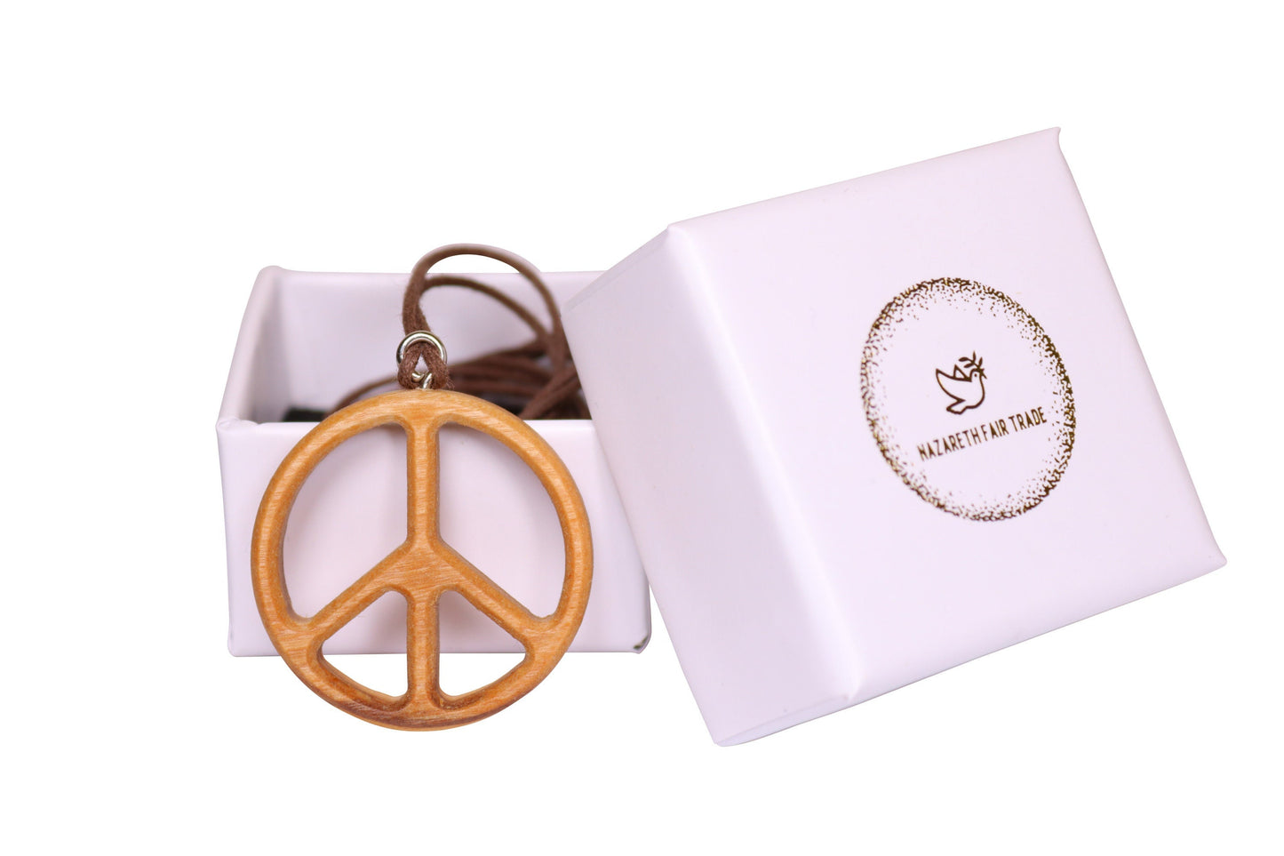 Olive Wood Peace Sign Pendant Necklace Outside Gift Box