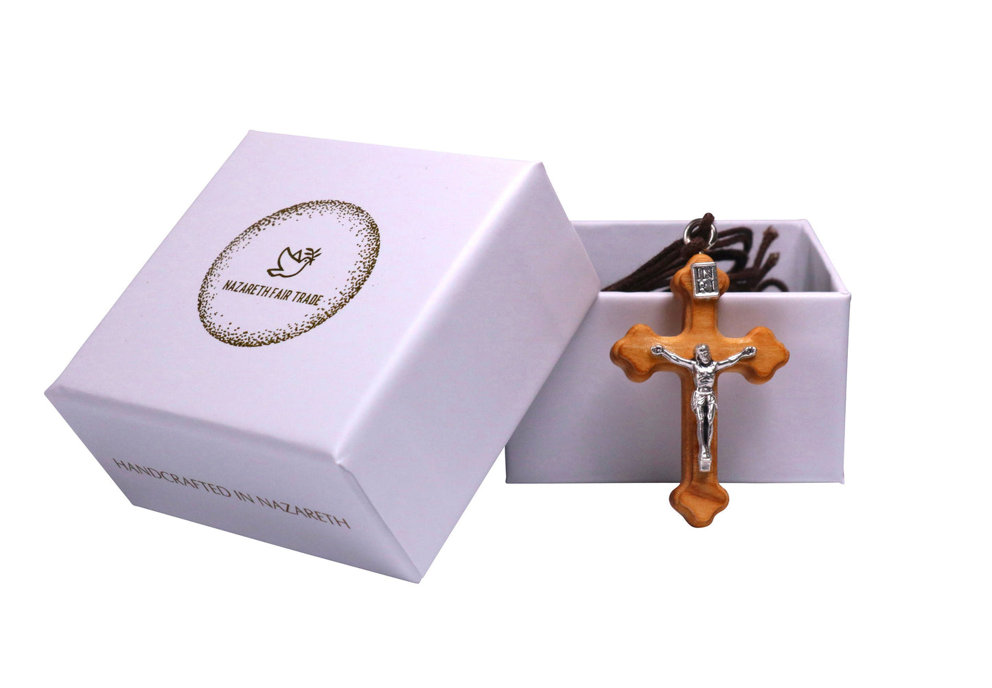 Original Orthodox Olive Wood and Silver Christ Crucifix Necklace Outside Gift Box