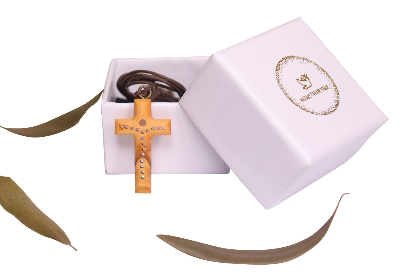 Unique Handmade Olive Wood Cross Necklace Outside Gift Box