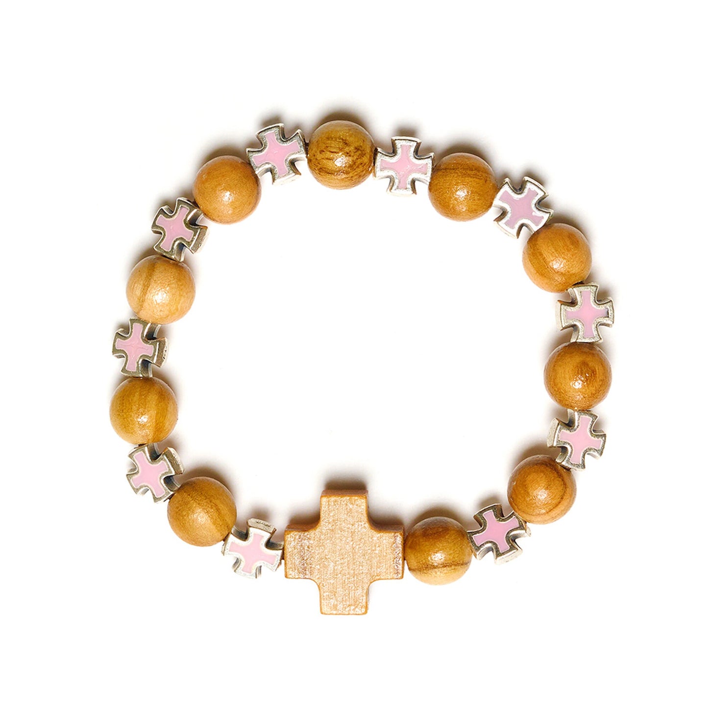 Olive wood colored pendant cross beads bracelet handmade in Nazareth - NazarethFairTrade