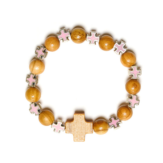 Olive wood colored pendant cross beads bracelet handmade in Nazareth