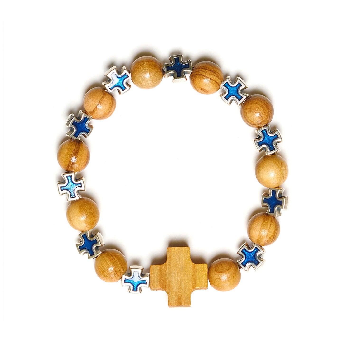 Olive wood colored pendant cross beads bracelet handmade in Nazareth - NazarethFairTrade