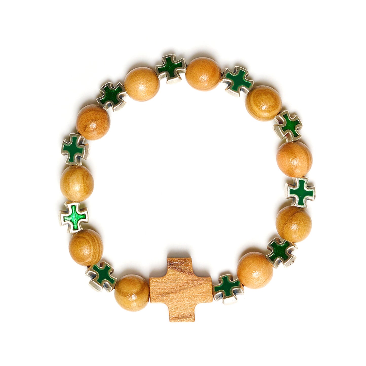 Olive wood colored pendant cross beads bracelet handmade in Nazareth - NazarethFairTrade