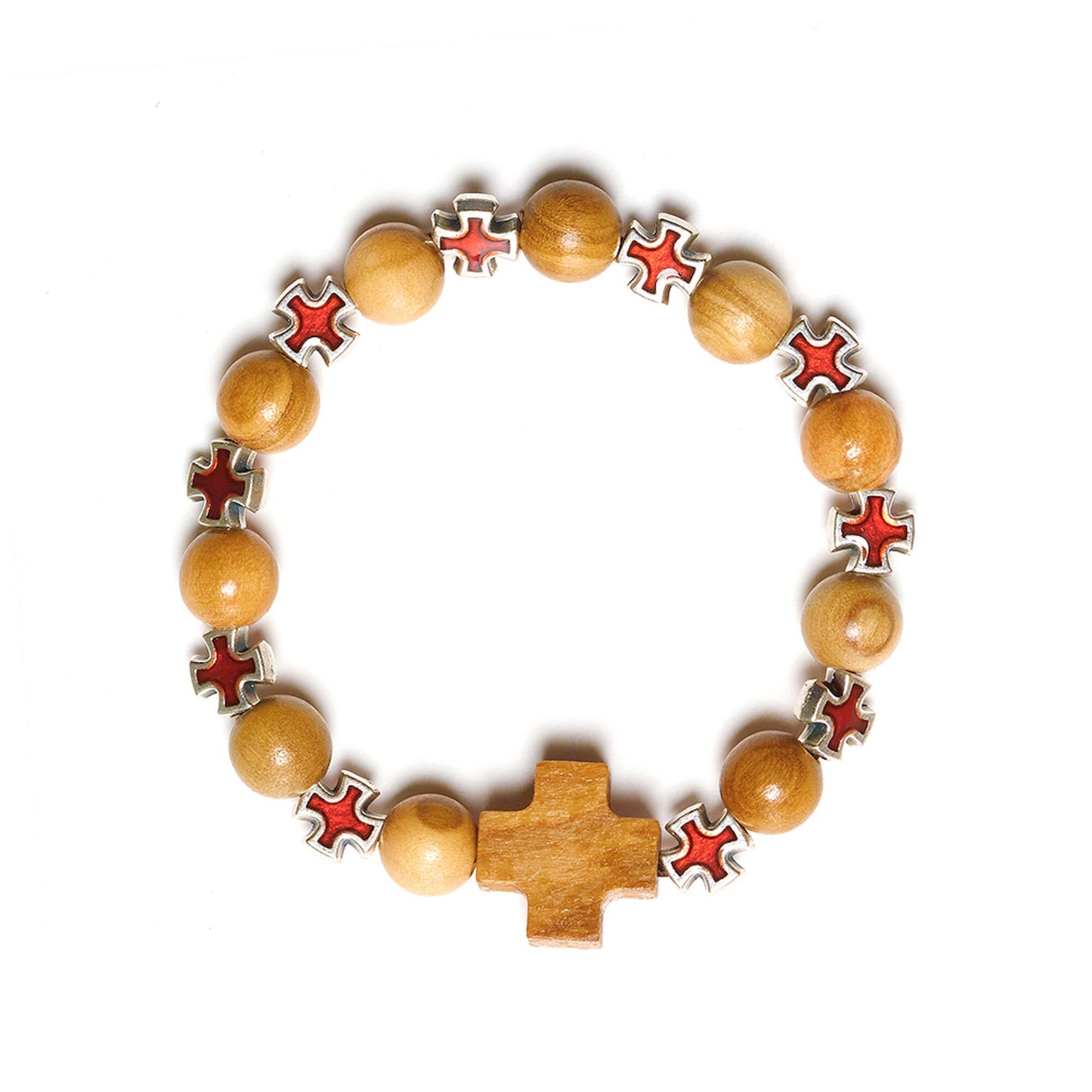 Olive wood colored pendant cross beads bracelet handmade in Nazareth - NazarethFairTrade
