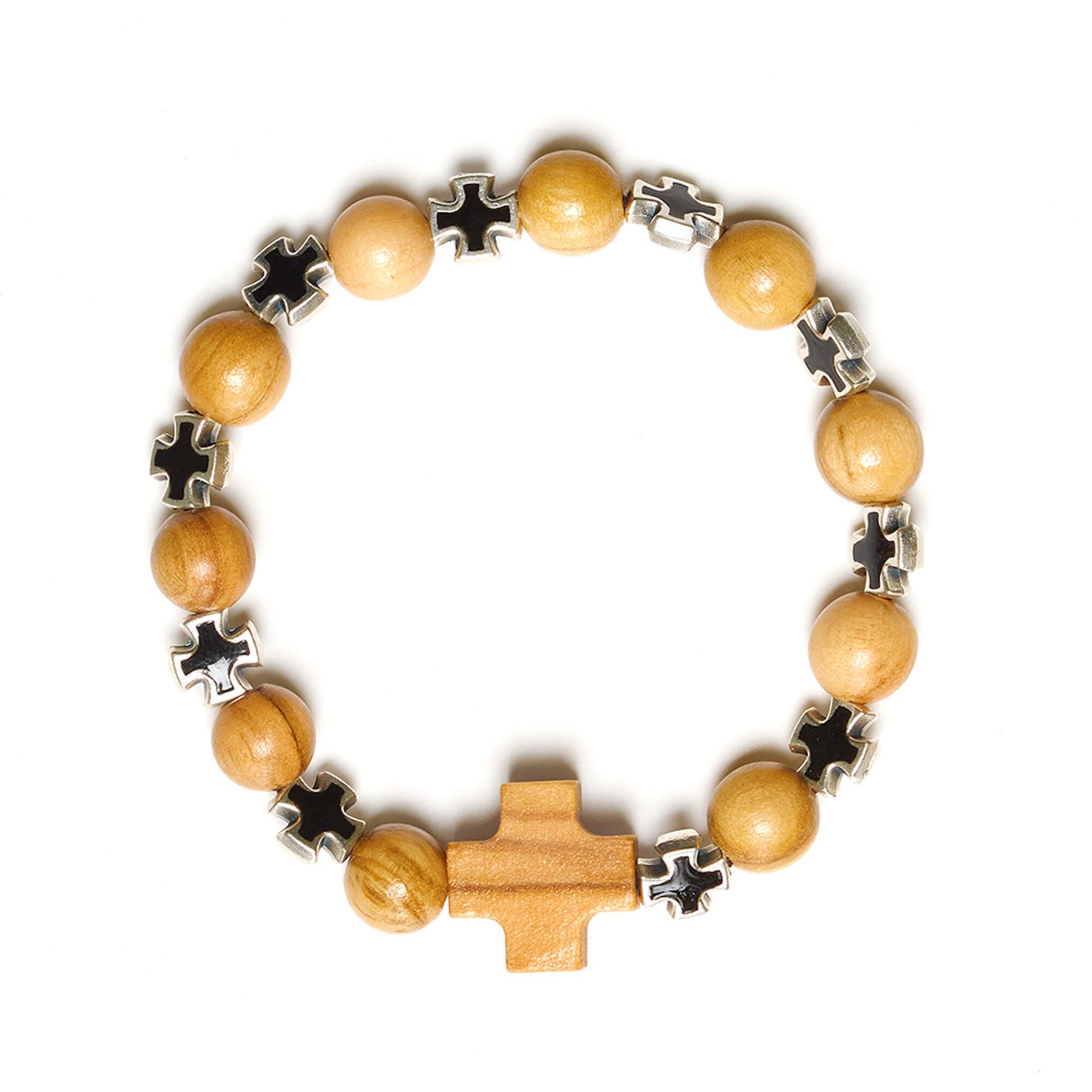 Olive wood colored pendant cross beads bracelet handmade in Nazareth - NazarethFairTrade
