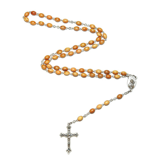 Elegant olive wood Rosary cross necklace with Maria Jesus Pendant handmade in Nazareth
