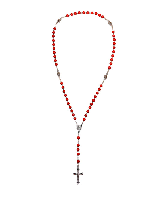 Rose Red Graceful Olive Wood Rosary, Beaded Love Cross Necklace With Maria Jesus Pendant Handmade In Nazareth