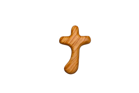 NazarethFairTrade Premium Handcrafted Olive Wood Curvy Cross from Nazareth, comfort prayer, pocket holding, Christian wooden Gifts Religious