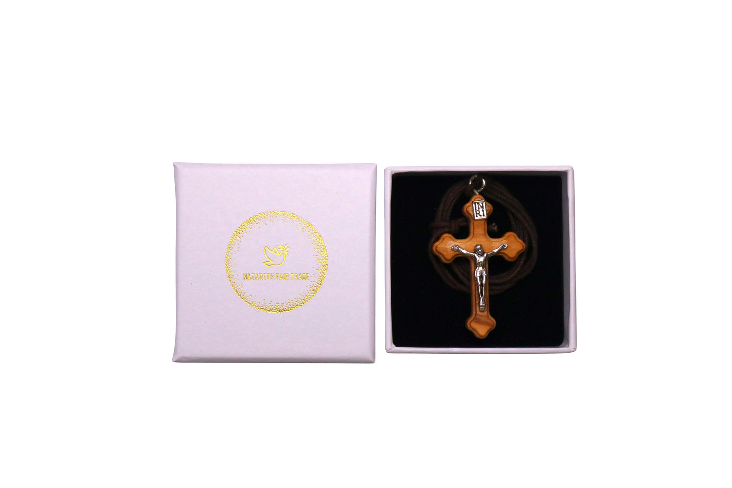 Nazareth Fair Trade Collection - Exquisite Orthodox Olive Wood and Silver-Tone Crucifix Pendant Necklace with Deluxe Gift Box