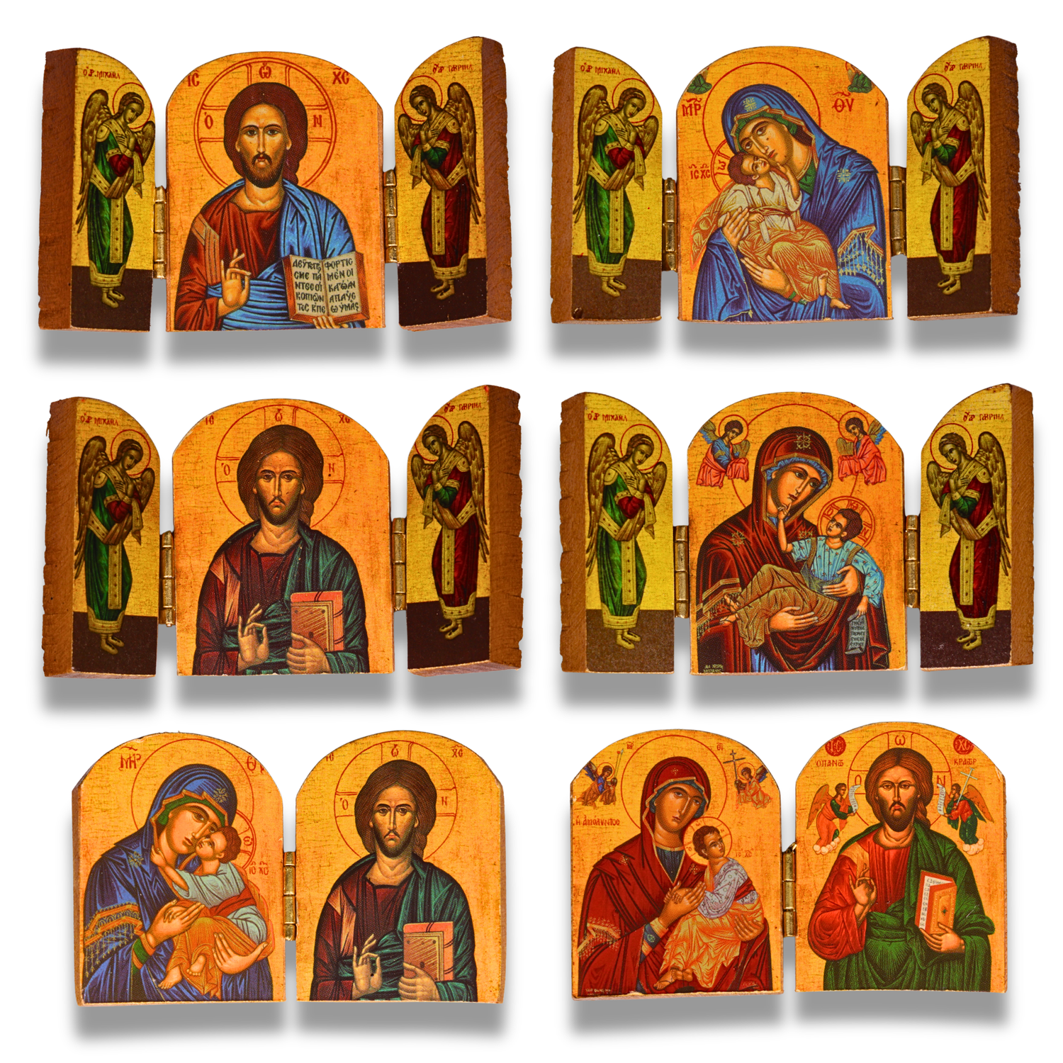Collection of Christian icons depicting Christ and the Virgin Mary with angels, shown in diptych and triptych styles with traditional Byzantine colors and gold backgrounds.