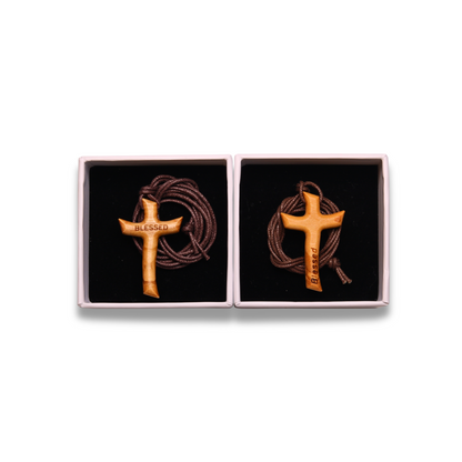 Blessed Olive Wood Cross Necklace in boxes