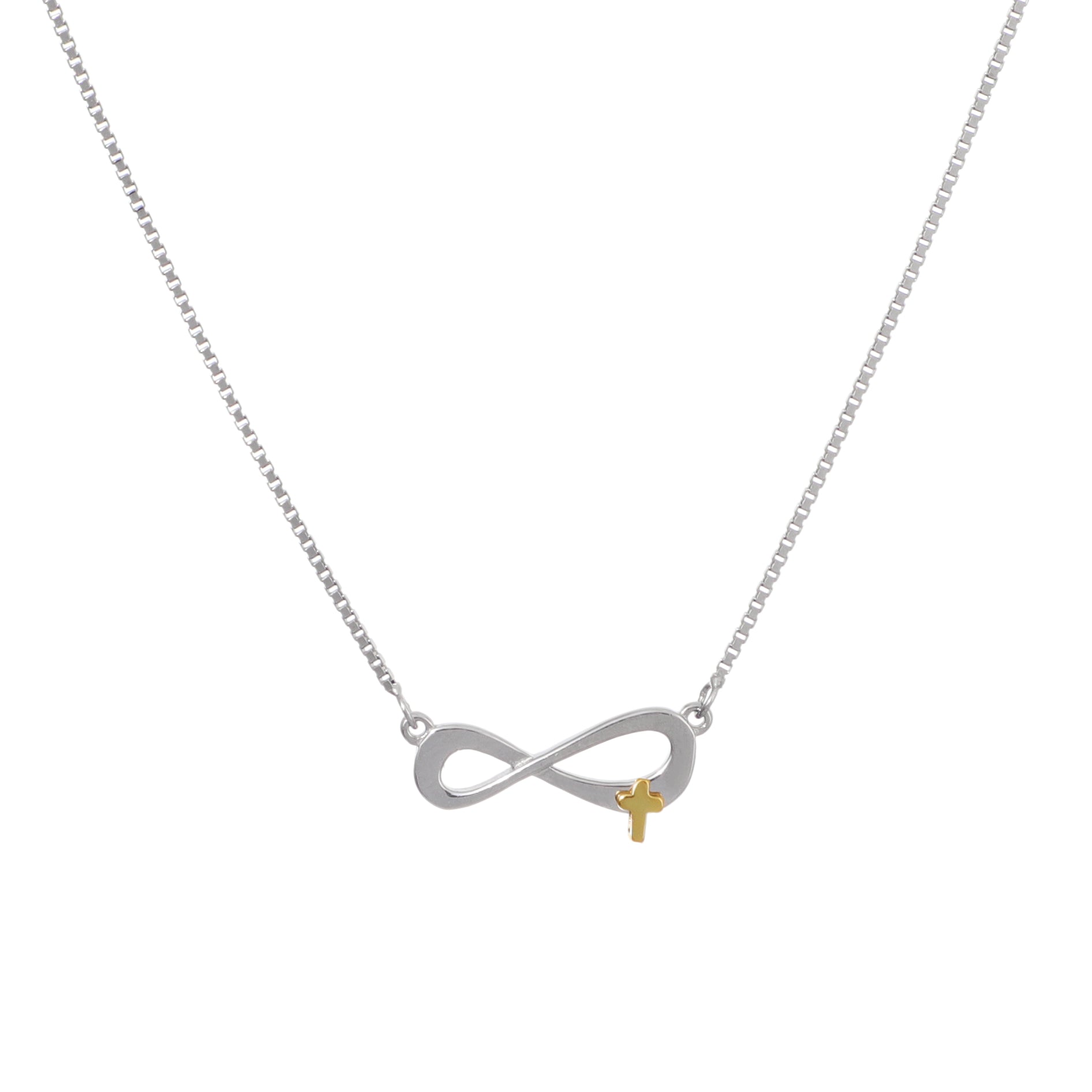 Silver 925 Sterling infinity necklace with a gold cross pendant on a white background