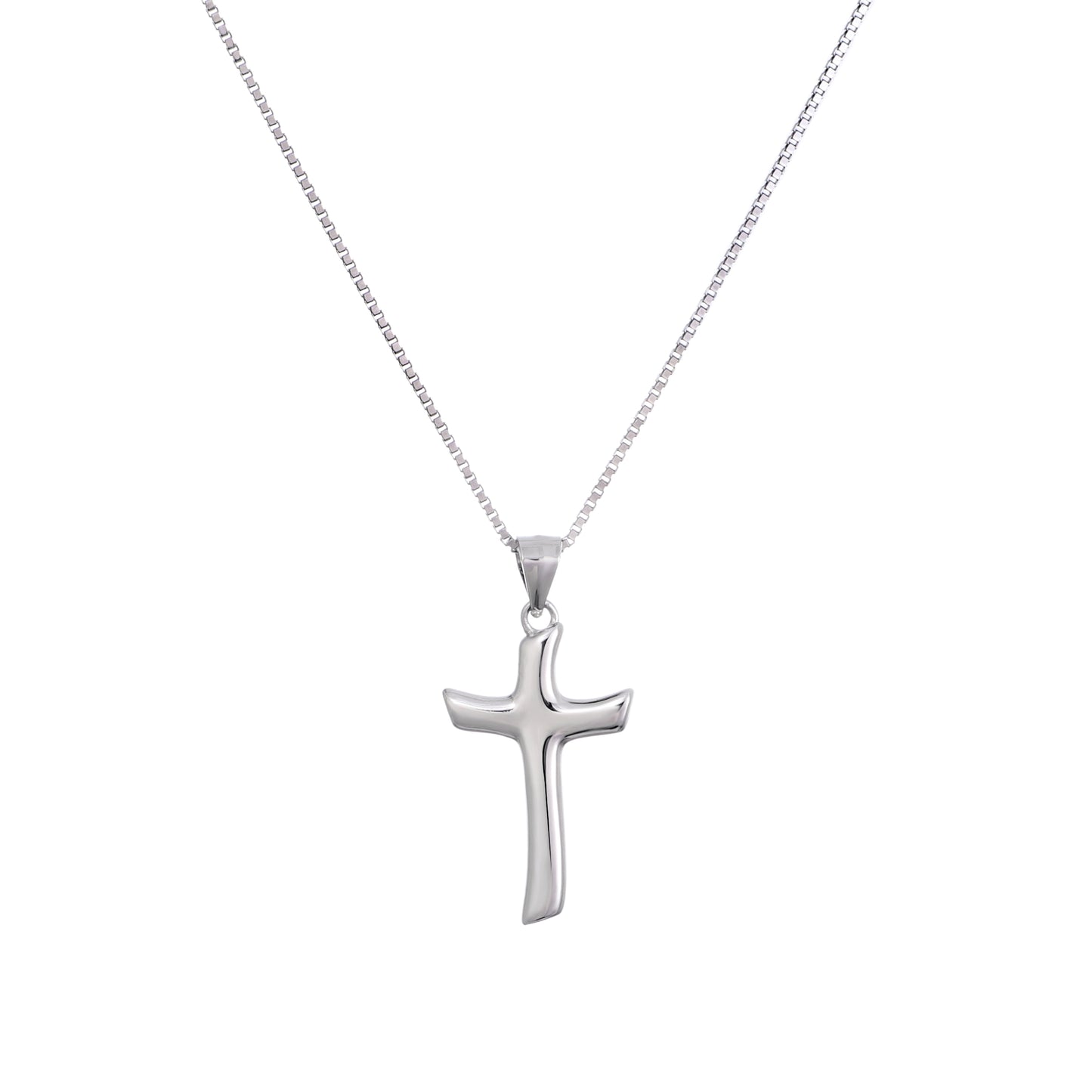 Silver cross pendant on a chain against a white background
