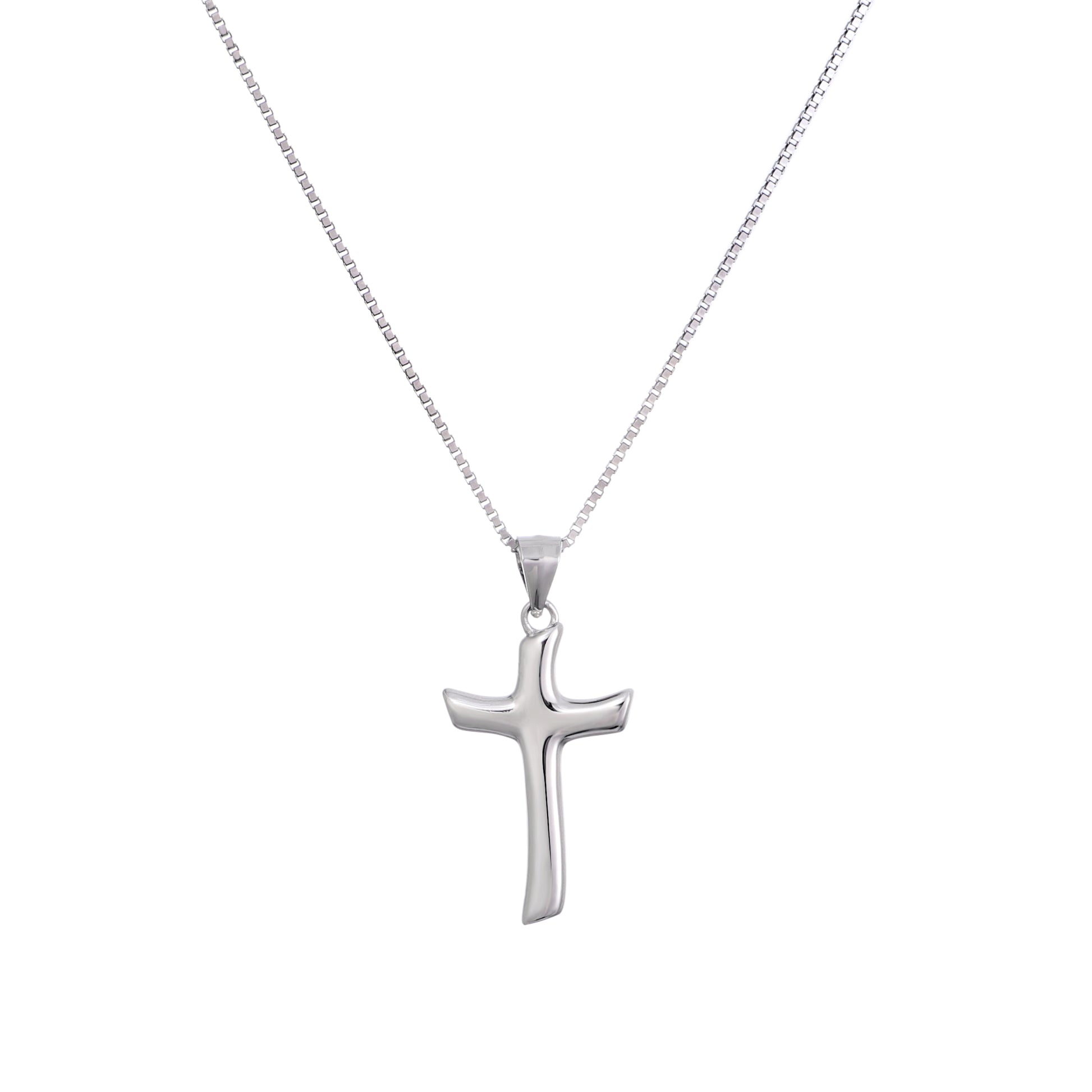 Silver cross pendant on a chain against a white background