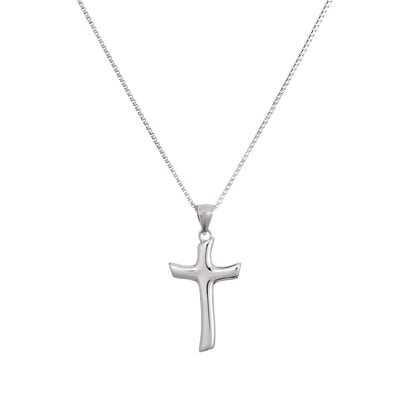 Silver cross pendant on a chain against a white background