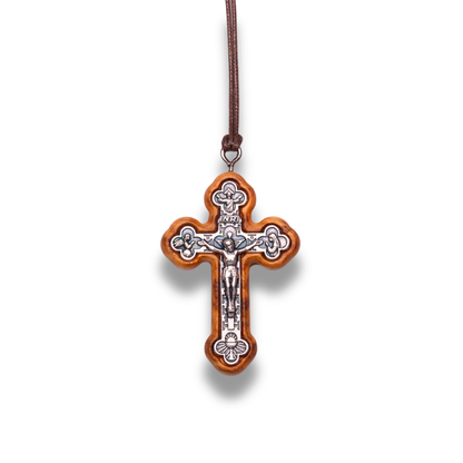 Olive Wood Agape Orthodox Crucifix Necklace Close Up