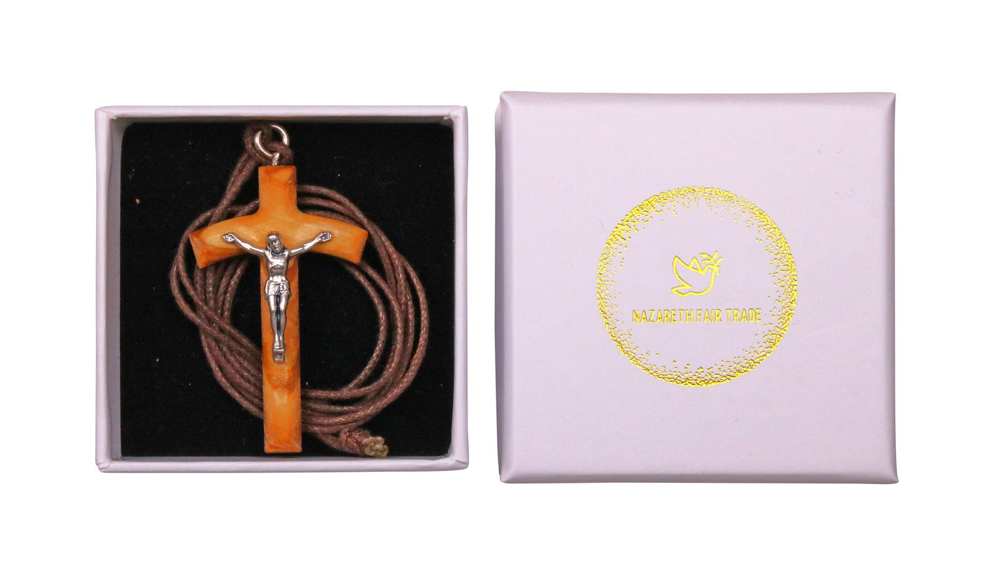 Anav Olive Wood Crucifix Necklace In Gift Box
