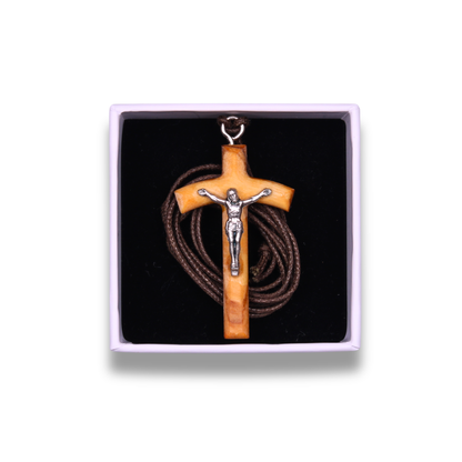 Anav Olive Wood Crucifix Necklace In Gift Box