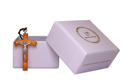 Anav Olive Wood Crucifix Necklace Outside Gift Box