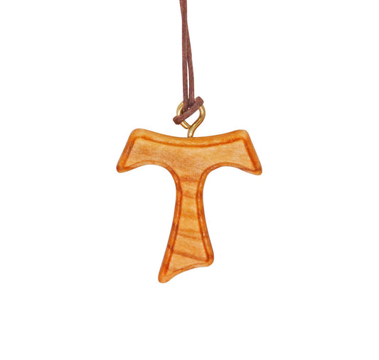 Ancient Whisper Olive Wood Tau Cross Necklace Close Up