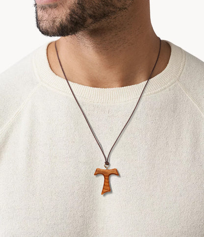 Ancient Whisper Olive Wood Tau Cross Necklace On Man