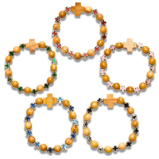 Bracelet de perles croix pendentif couleur bois d'olivier fait main à Nazareth