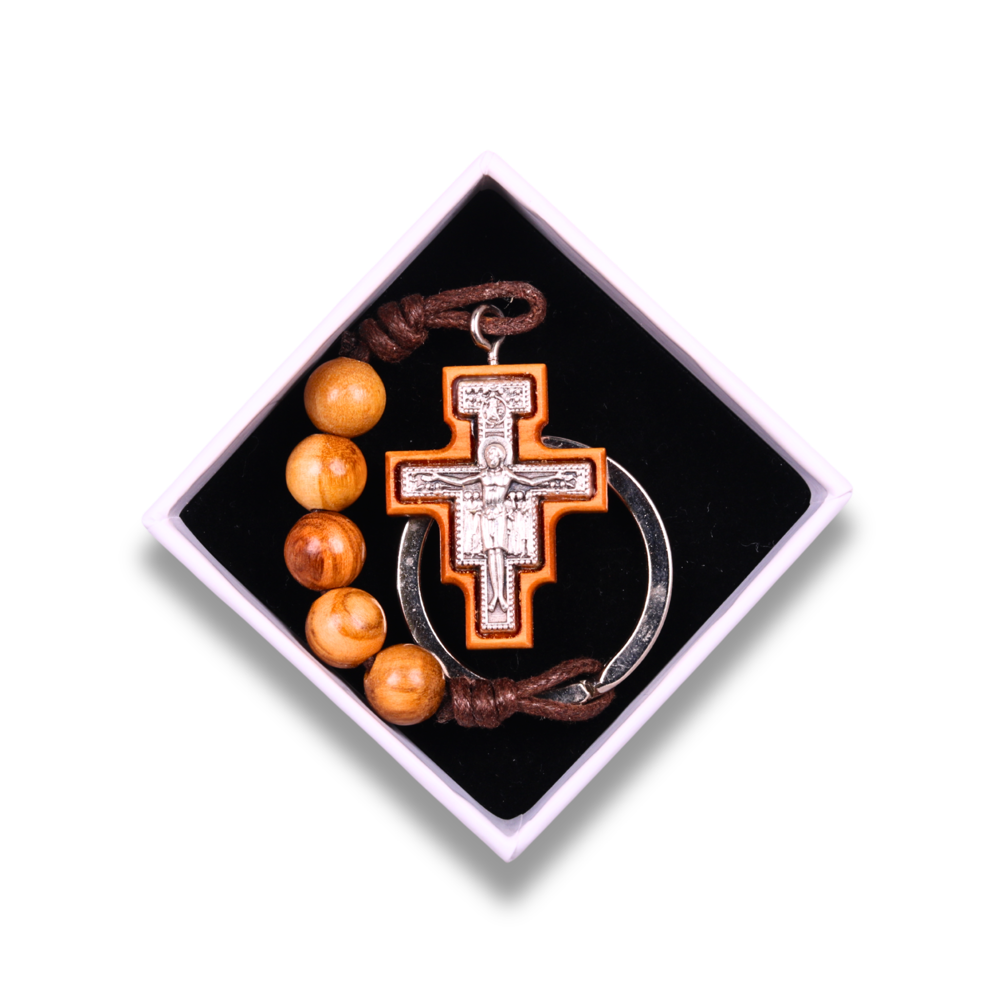San Damiano Beaded Olive Wood Keychain In Gift Box