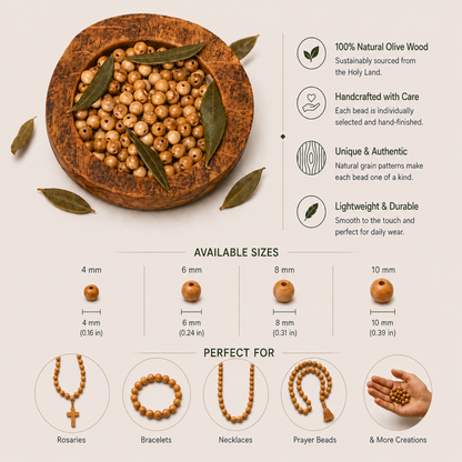 Wooden beads in a wooden bowl with product details on a light background. Beads Size chart and infographic