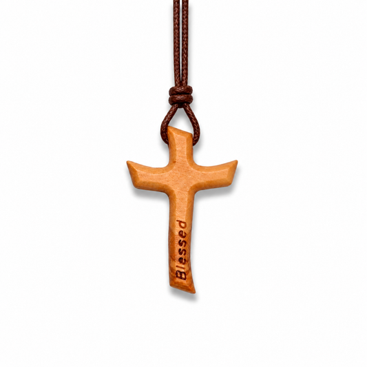 Blessed Engraved Olive Wood Cross Necklace with vertical Blessed engraving