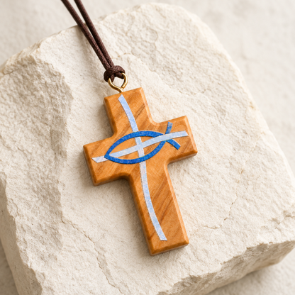 Detail view of Blue Ichthus Olive Wood Cross Necklace
