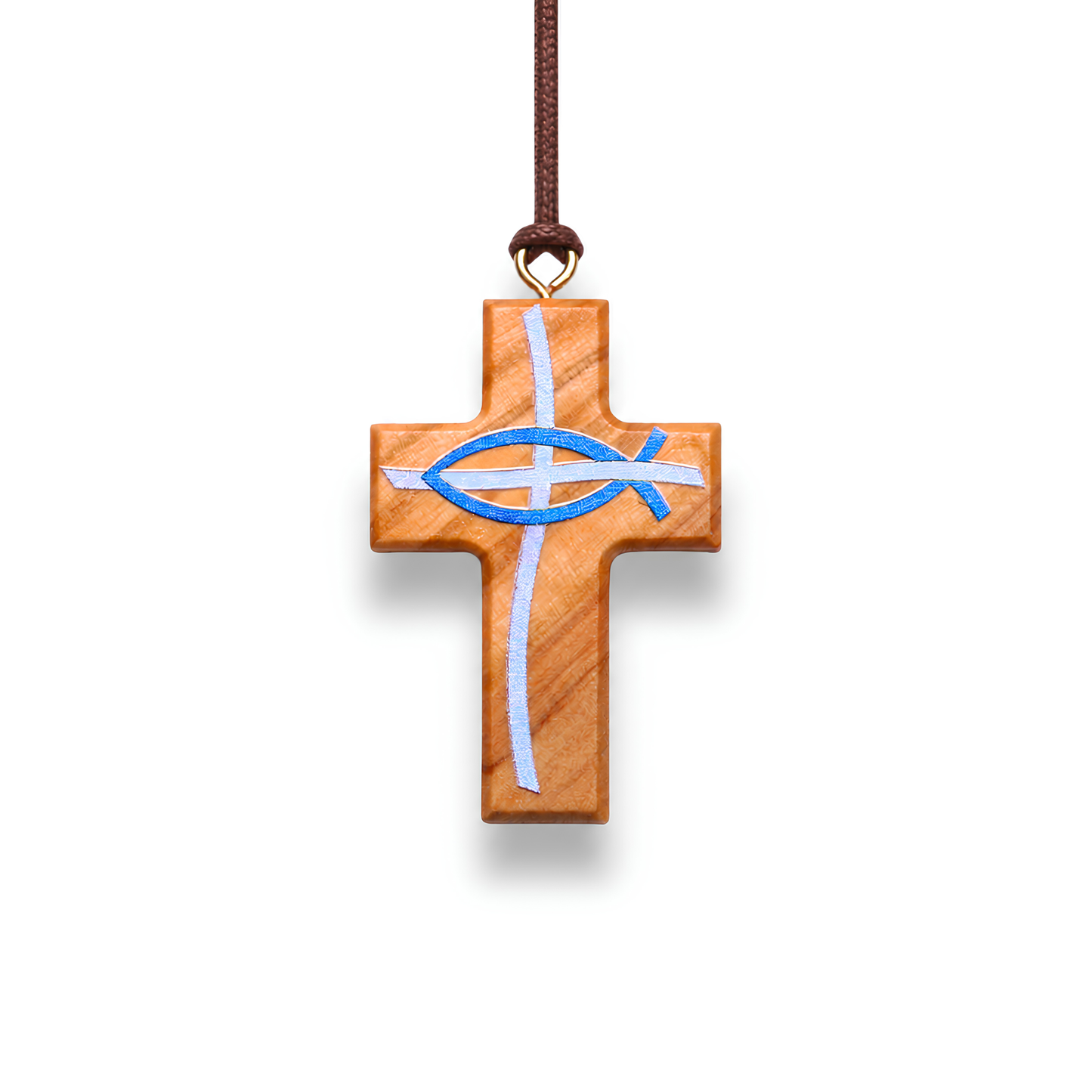 Olive wood cross pendant with fish symbol on a white background
